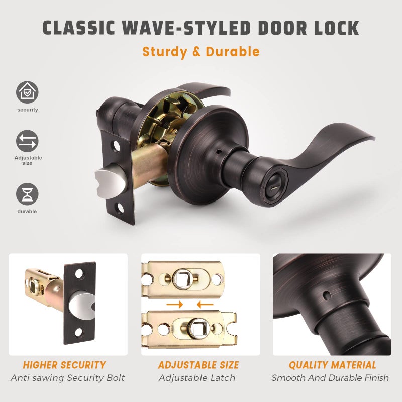 KNOBWELL 3 Pack Bronze Lever Door Handles Privacy Door Knobs Interior Door Handles, Keyless Bedroom Door Knobs with Lock, Wave Style Round Door Handle Levers - Image 4